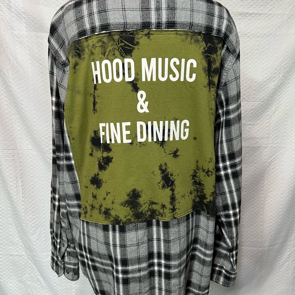 Upcycled Black & Gray with Olive Green Back Graphic Plaid Flannel Shirt